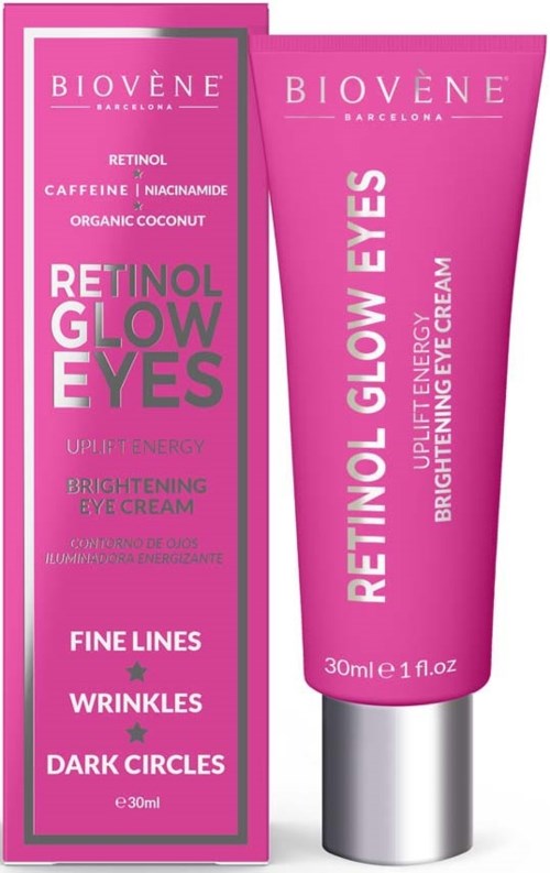 Eine hellrosa Tube Augencreme mit silberner Kappe und Schachtel, fördert Retinol-Leuchten und Glättung für Falten.