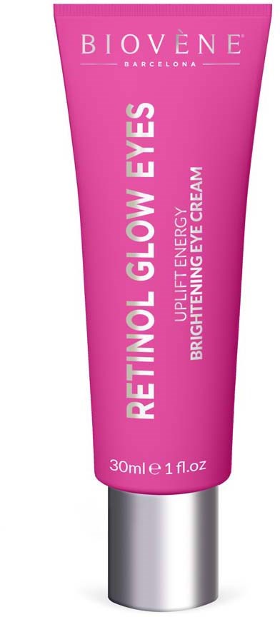 Rosa Tube mit Augencreme, weißer und lila Text, Marke Biovène, Produkt zur Aufhellung und Strahlkraft der Augen.