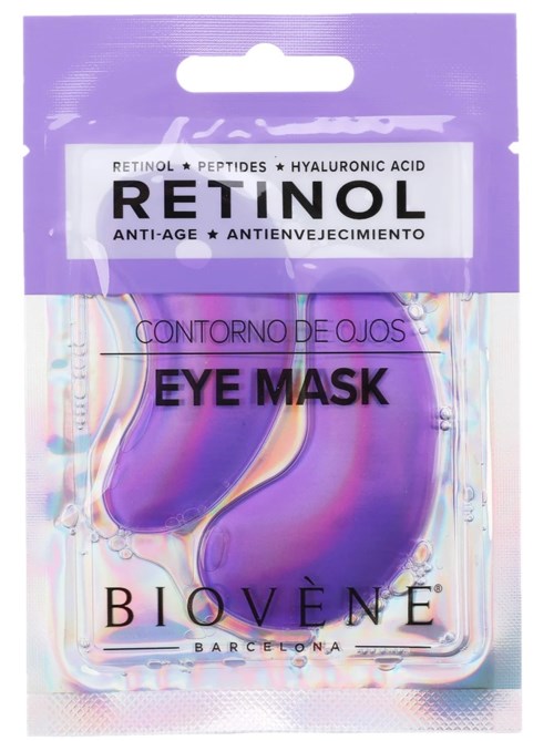A package of Biovène eye mask with purple gel pads, labeled as anti-age with retinol and hyaluronic acid.