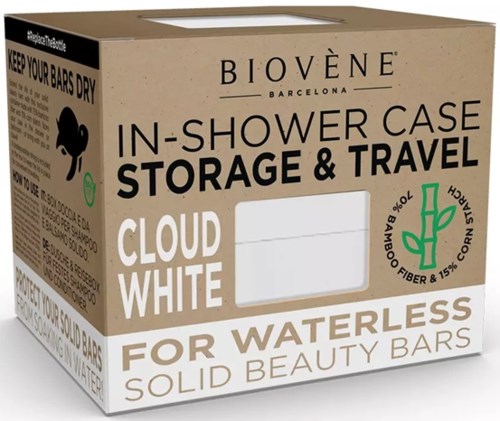 Verpackung für die Aufbewahrung und Reise fester Beauty Bars, gekennzeichnet für wasserfrei, weiß und Bambusfaser.