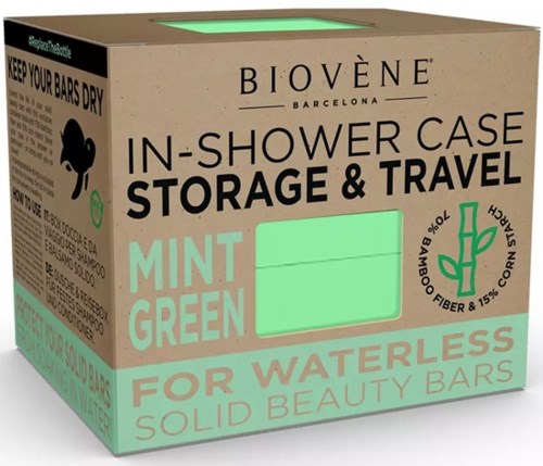 Biovène Barcelona mint green waterproof shower case for solid beauty bars, suitable for storage, travel, and keeping bars dry.