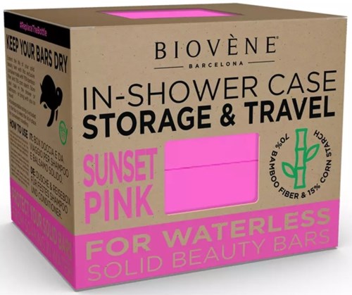 A cardboard box labeled for storage and travel of waterless beauty bars, with pink and green accents and text.