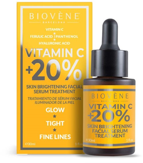 Eine Flasche und Schachtel mit Gesichtsserum fördern Vitamin C-Aufhellung und Hautstraffung mit 20 % Steigerung.