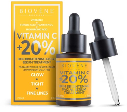 Ein Hautpflegeprodukt in einer gelben Verpackung und Flasche, gekennzeichnet als Vitamin C Serum zur Hautaufhellung. Pipette inklusive.