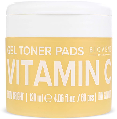 Container of yellow vitamin C toner pads, 120 ml, 60 pieces, for day and night use.
