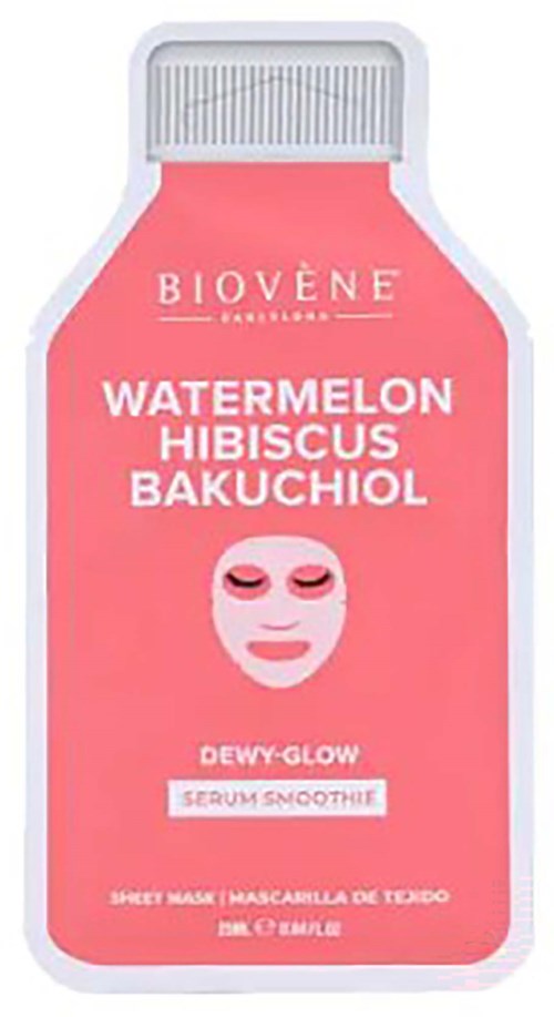 A pink facial mask package with a face mask illustration and text about watermelon, hibiscus, and Bakuchiol ingredients.