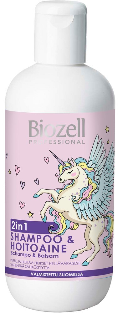 A white bottle with a pink label featuring a colorful unicorn with wings, hearts, and stars, for shampoo and balsam.