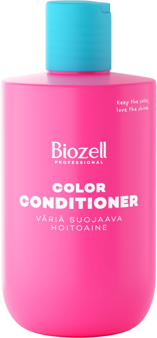 Rosa flaske med blå lokk for Biozell fargebalsam. Teksten nevner å bevare hårets farge og helse.