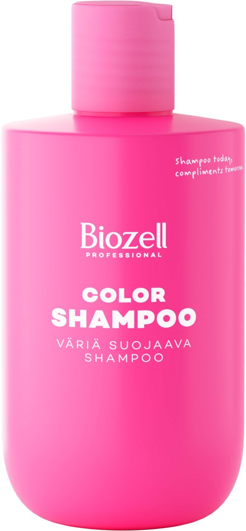 Lyse rosa flaske med Biozell fargeshampoo med tut, etiketten sier at det er et fargebeskyttende schampo.