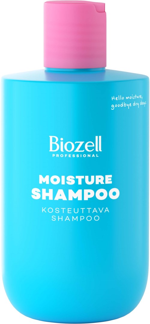 En blå sjampo-flaske med rosa kork, etiketten sier Biozell Moisture Shampoo, med noe liten hvit tekst.