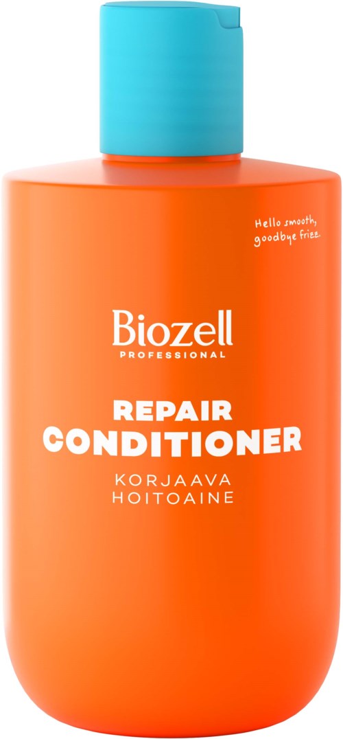 Oransje flaske med Biozell Repair Conditioner med blå lokk, produktnavn og beskrivelse på forsiden.