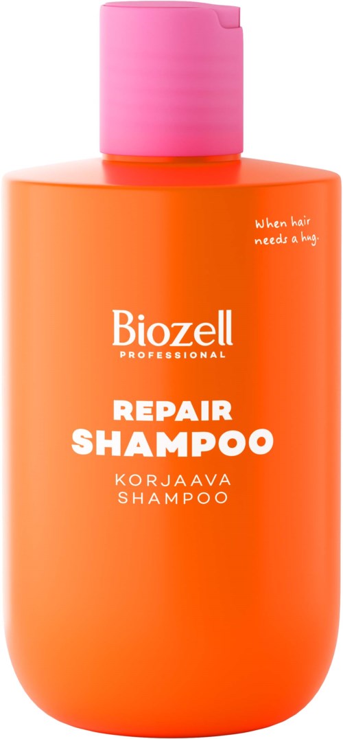 Oransje sjampo flaske med rosa lokk og hvit tekst for Biozell Repair Shampoo.