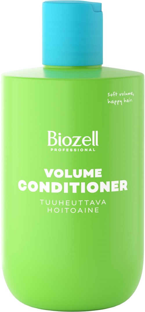En grønn flaske med Biozell volumbalsam med blå hettelokk, merket med merkevarenavn og produktdetaljer.