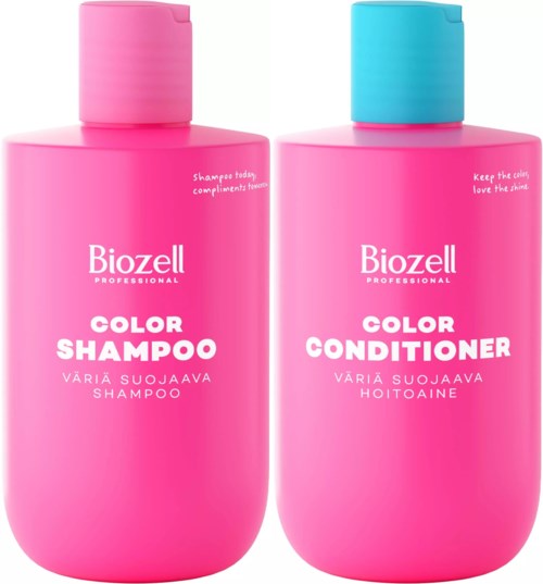 To rosa hårpleiefrenser med blå og rosa lokk, merket Biozell Color Shampoo og Conditioner.