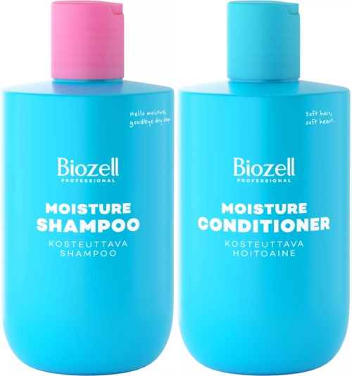 To blå flasker med Biozell hårpleieprodukter, merket som Moisture Shampoo og Moisture Conditioner, med rosa og blå lokk.