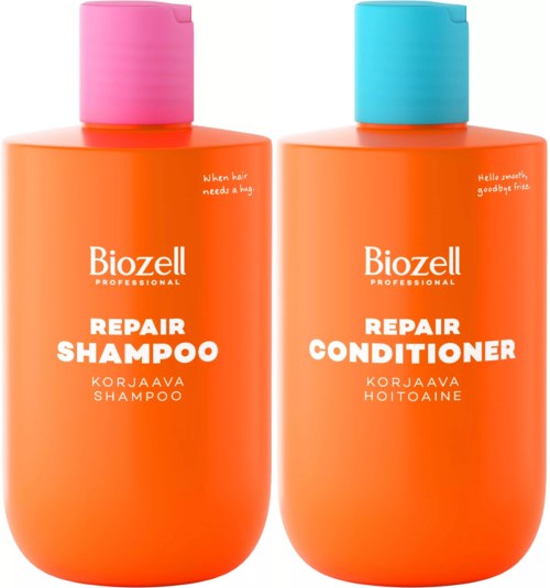 To fargerike flasker med Biozell Repair Sjampo og Balsam med rosa og blå lokk på hvit bakgrunn.