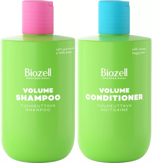 To grønne flasker med Biozell hårpleieprodukter, en sjampo med rosa lokk og en balsam med blå lokk.