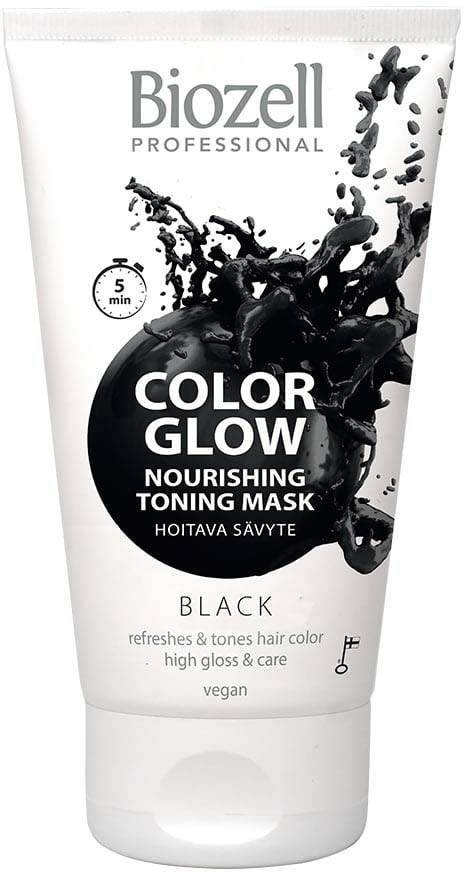 A tube of Black nourishing toning mask with black splash design, branded Biozell, for hair care, vegan, quick 5-minute treatment.