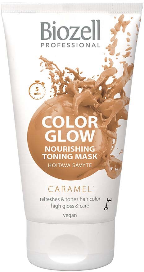 A tube of Biozell Color Glow nourishing toning mask with caramel scent, designed to refresh hair color, vegan.
