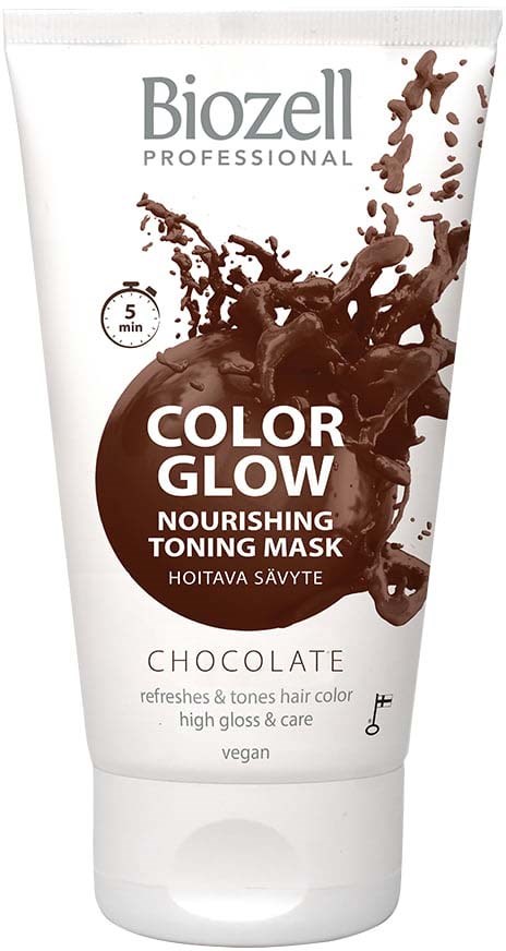A tube of nourishing chocolate hair mask with splash graphics, labeled as vegan and for coloring hair.