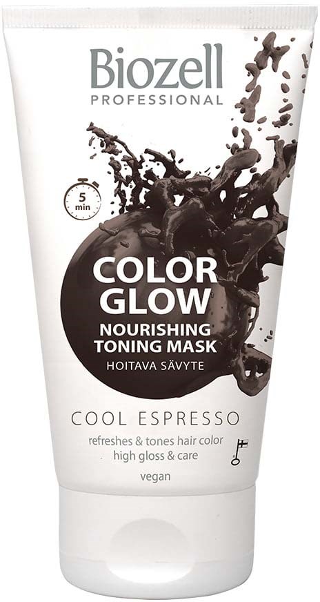 A tube of facial mask with black coffee splash design, labeled Biozell Color Glow Nourishing Toning Mask, for hair care.