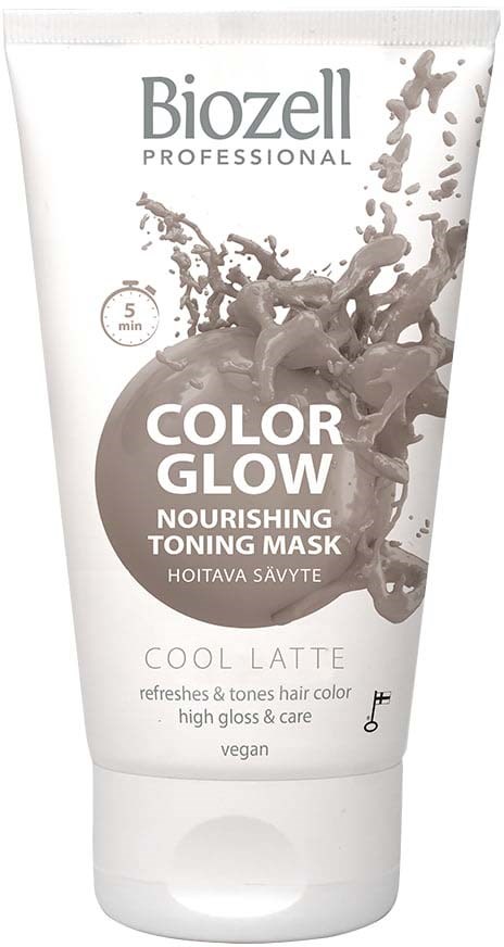 A bottle of hair mask called Color Glow by Biozell, with a splash design and text about nourishing and toning hair.