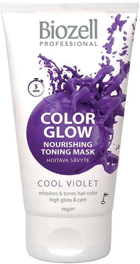 A tube of Biozell color glow nourishing toning mask in cool violet, with purple splash design, claiming to refresh and tone hair.