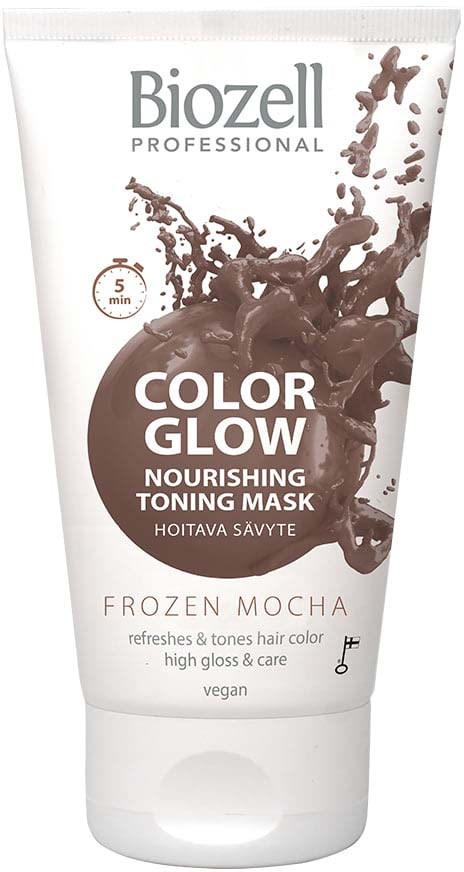 A tube of nourishing hair mask with chocolate and beige colors, labeled 'Color Glow' and 'Frozen Mocha'.
