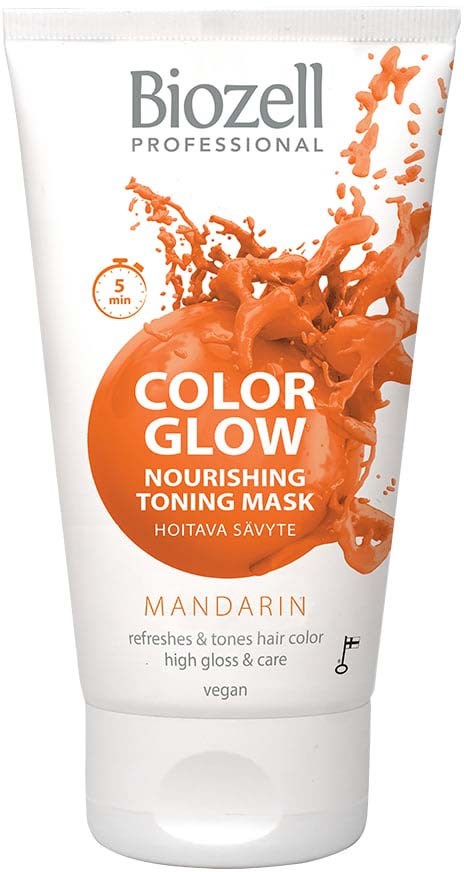 A white tube labeled Biozell, orange splash image, and text about nourishing toner mask with mandarin scent.