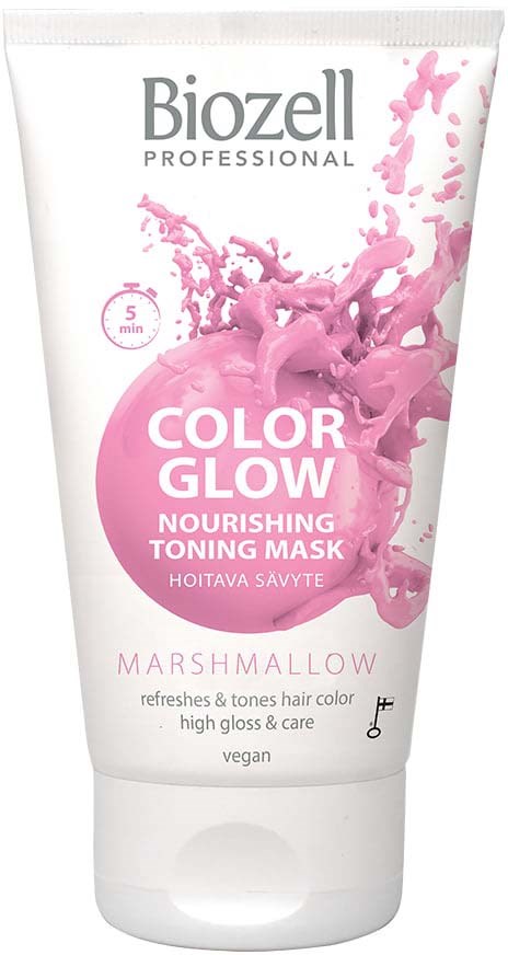 Pink smoothie splash with a white tube of hair mask labeled 'Biozell Color Glow Marshmallow' for nourishing and toning hair.