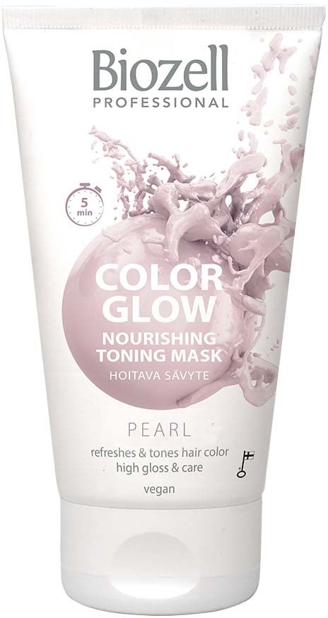 A white tube of Biozell Color Glow nourishing coloring mask with pink and purple splash design and text.