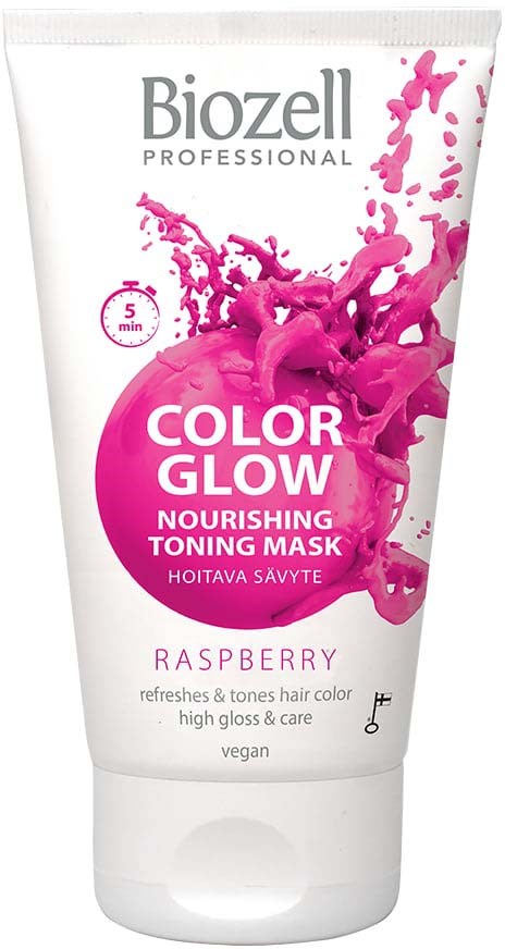 A white tube of Biozell Color Glow Nourishing Toning Mask with pink splash and raspberry scent. It helps refresh hair color.