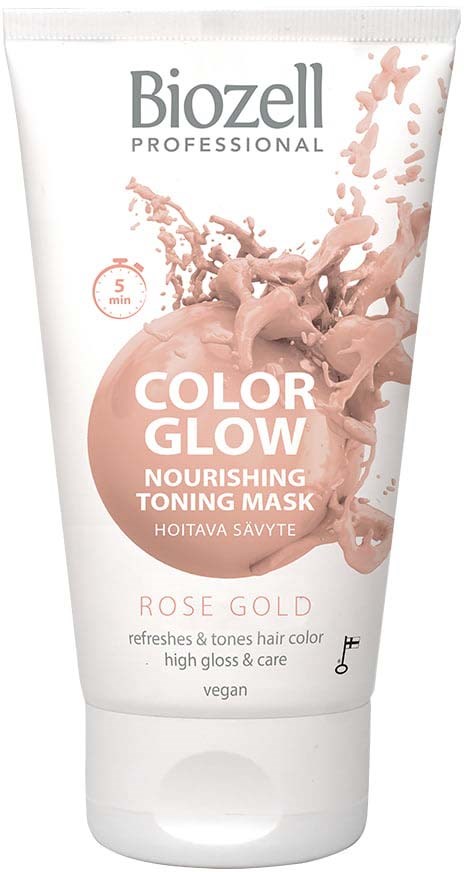 A tube of Biozell Color Glow nourishing toning mask with rose gold color, vegan, for hair, helps refresh and add gloss.