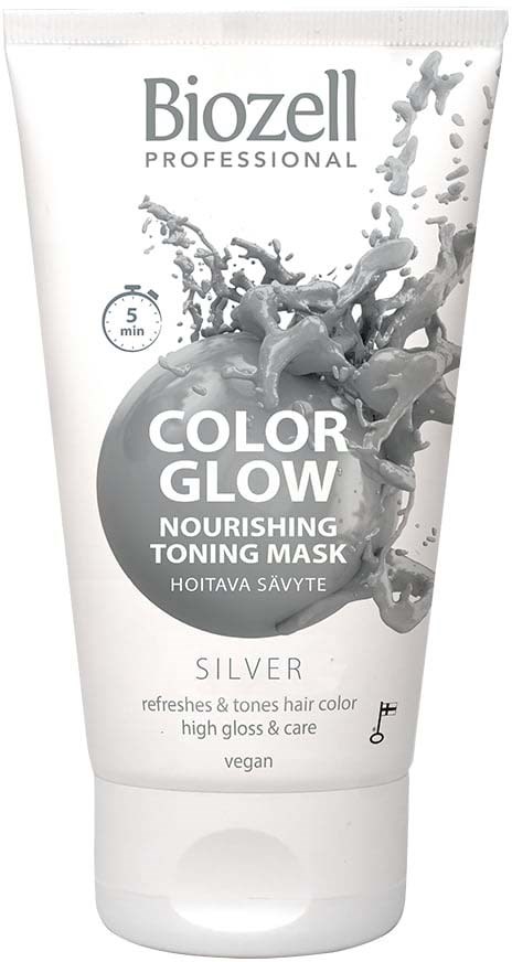A white tube of hair mask labeled 'Biozell Color Glow.' It says it refreshes hair color and has a splash design.