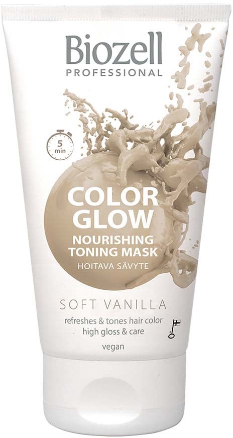A tube of Biobell color glow nourishing toning mask in soft vanilla scent. It is for hair care and vegan.