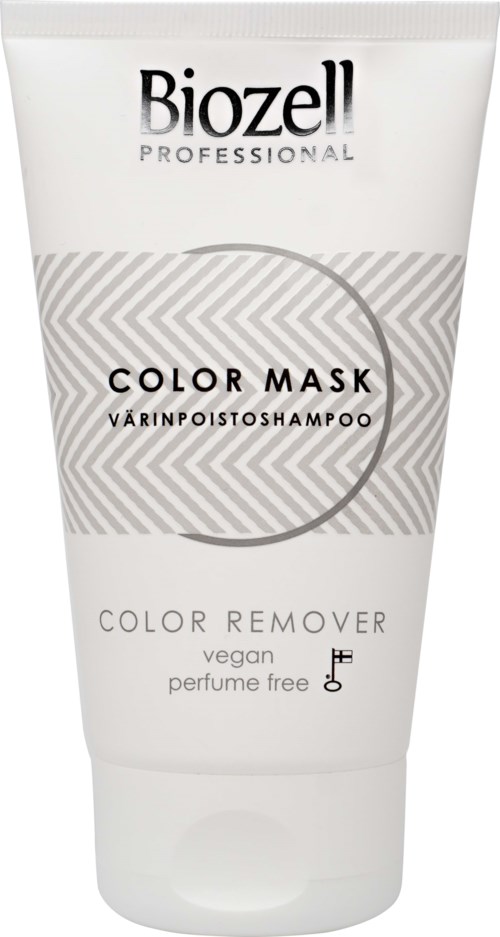 A white tube labeled 'Biozell Professional Color Mask' for removing color from hair, vegan and perfume-free.
