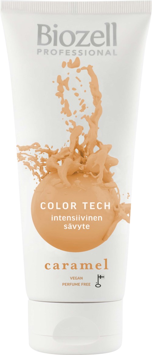 Biogel Professional Color Tech caramel hair dye tube with splash design, labeled vegan and perfume-free. Suitable for intensive coloring.