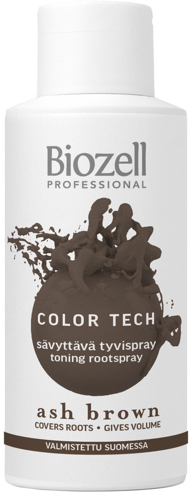 A white bottle of Biozell Color Tech root spray for ash brown hair, designed to cover roots and add volume.