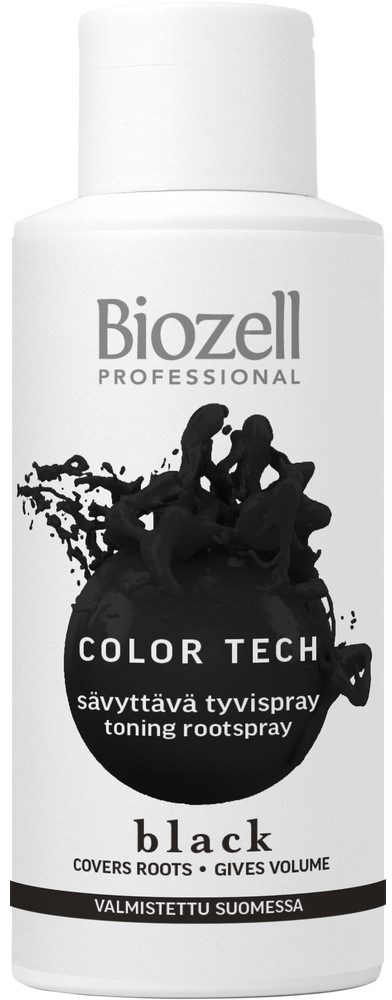 A white bottle with black ink splash design, labeled 'Biozell Professional Color Tech toner rootspray black' for hair.