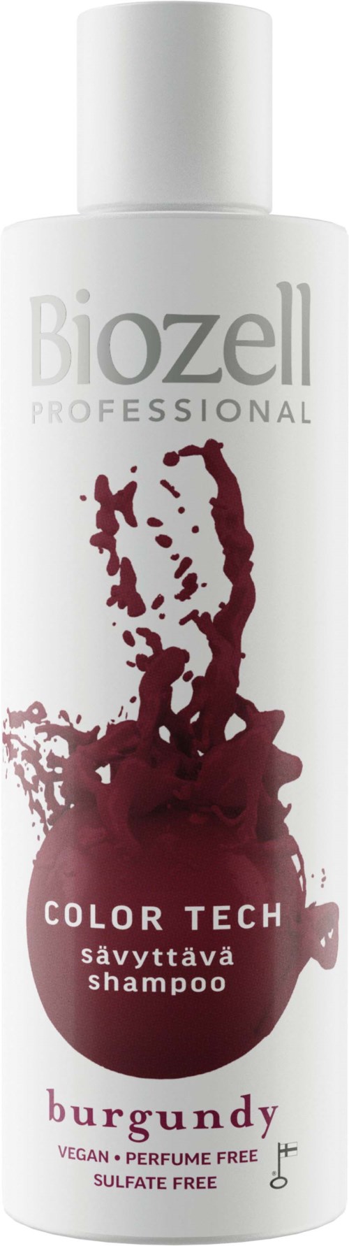En vit schampo-flaska med burgundyfärgad splash-design, märkt Biozell, för färgat hår, vegansk, parfym- och sulfafri.