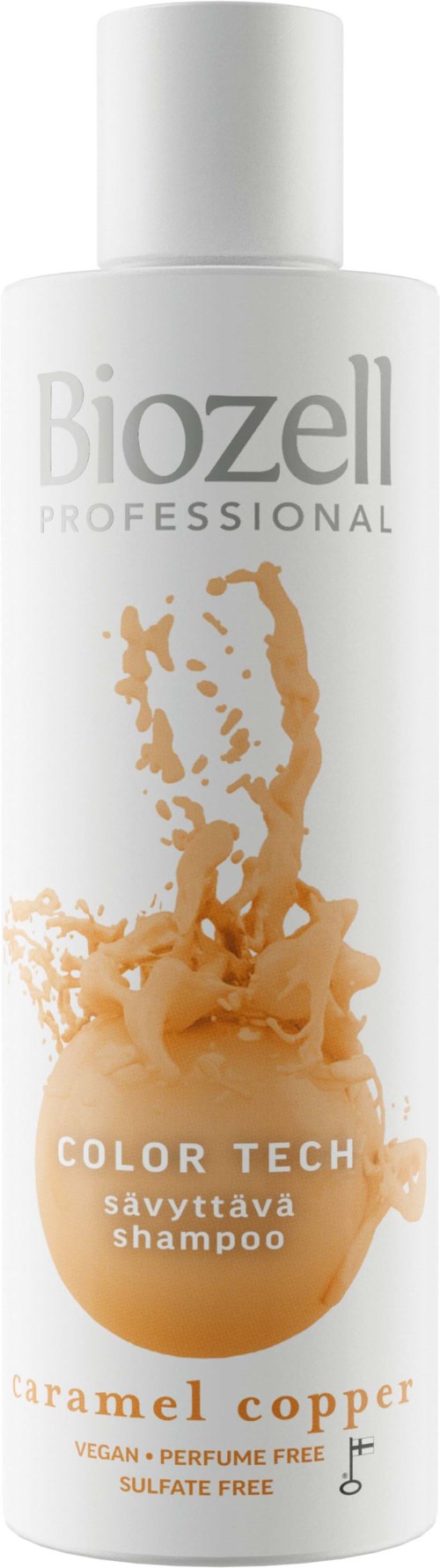 En vit schampoburk med orange karamellkopparsplash och svart text för ett professionellt hårvårdsprodukt.