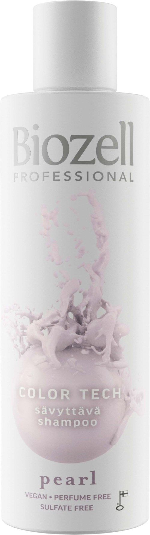 A white bottle of shampoo labeled 'Biozell Professional Color Tech Pearl'. It is vegan, sulfate-free, and perfume-free.