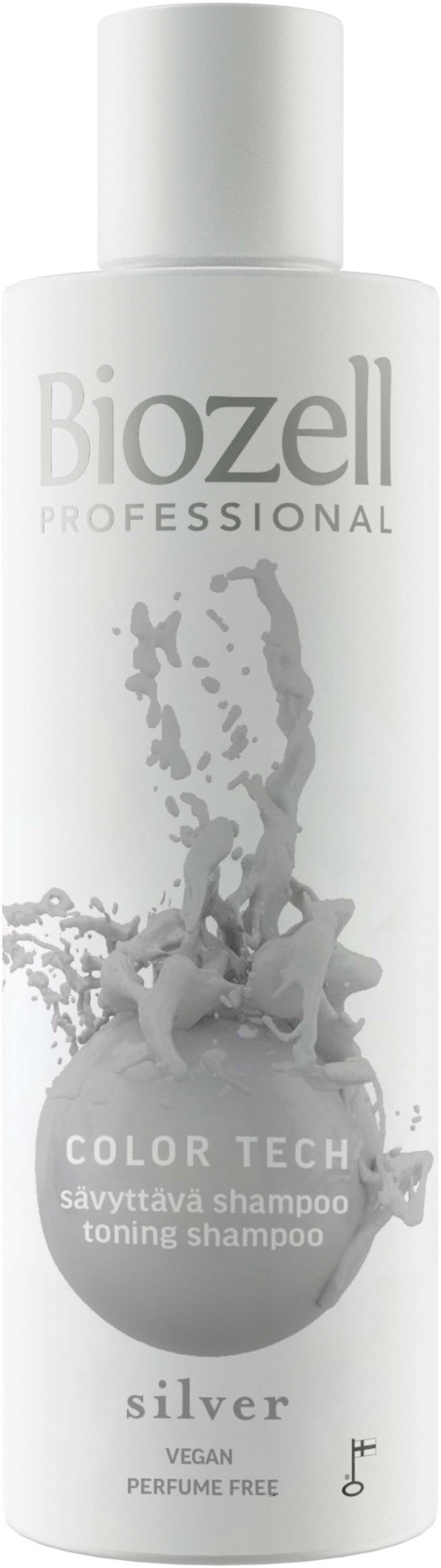 A white bottle of Biozell Professional color-toning shampoo labeled silver, vegan, perfume-free, with a boat image and text.