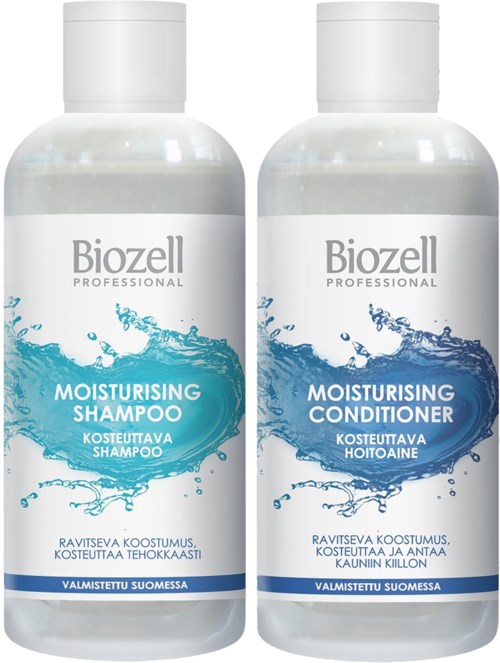 Two white bottles labeled as moisturizing shampoo and conditioner with blue water splash designs.