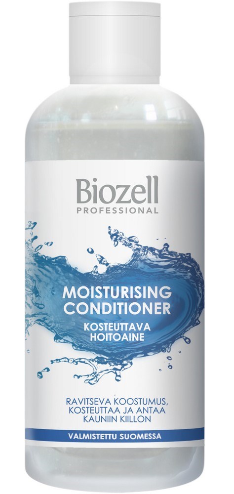 A white bottle labeled Biozell Professional moisturizing conditioner with a blue water splash design.