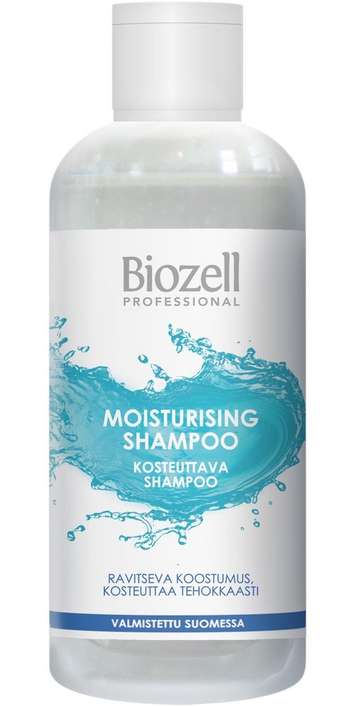 A white bottle of Biozell moisturizing shampoo with a blue water splash design and text in Finnish.