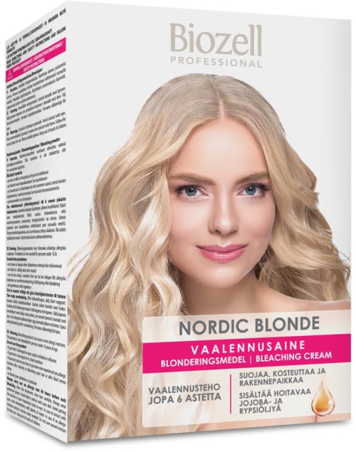 A blonde woman with long, wavy hair on a product box for blonde bleaching cream.