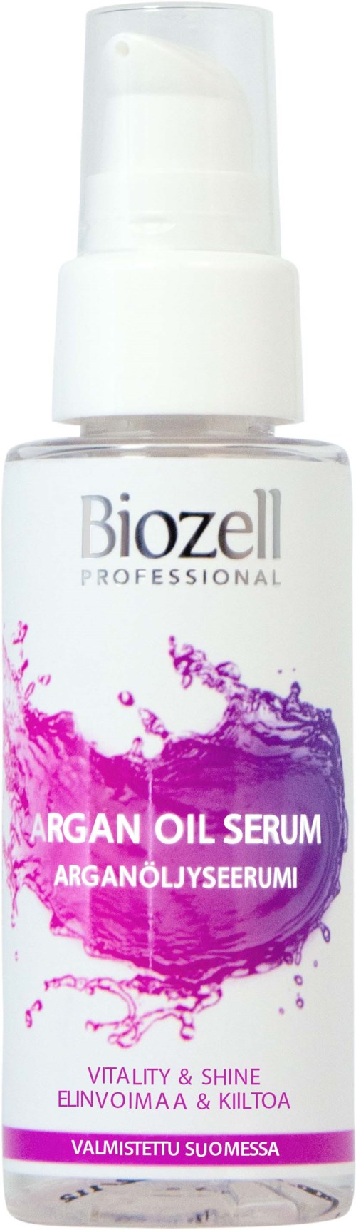A bottle of Biozell Argan Oil Serum for hair, with a white pump and purple splash design.