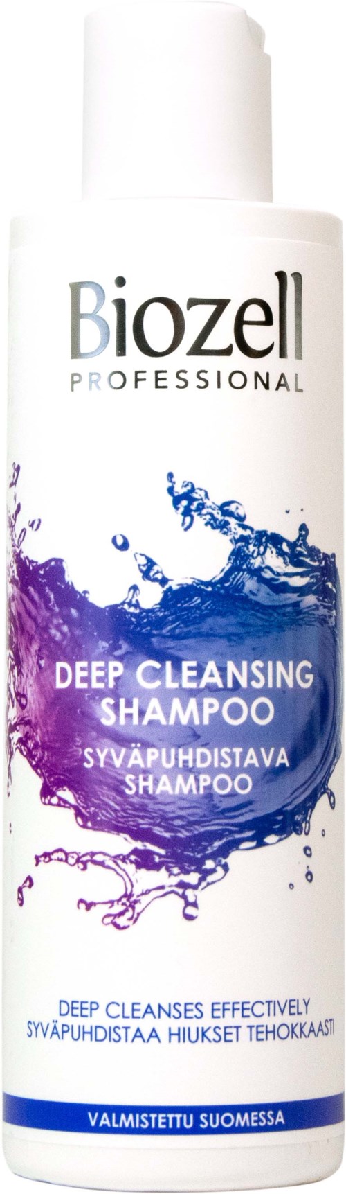 A white bottle of Biozell Professional deep cleansing shampoo with blue and purple splash design, labeled for effective cleaning.
