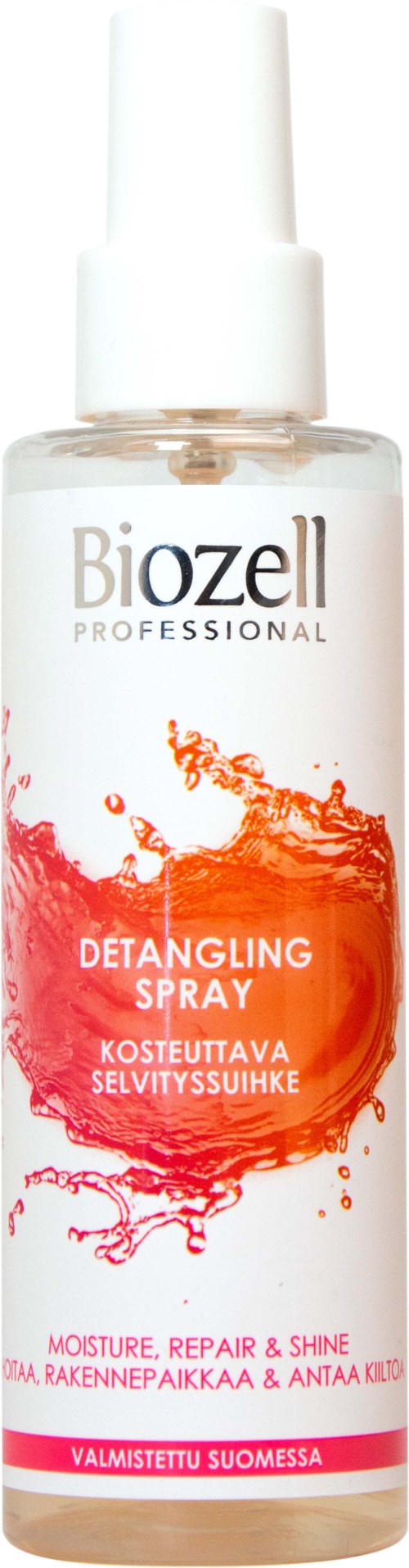A clear spray bottle labeled Biozell Professional Detangling Spray, with orange and red splash design, for hair care.